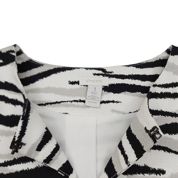 Chico's Jacket Womens Medium White Black Lined 3/4 Sleeve Round Neck Zebra Print - Picture 9 of 10